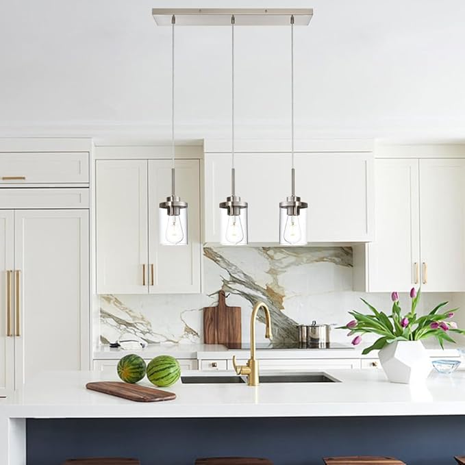 Pendant Lights Fixtures with Clear Glass Shade Brushed Nickel Island Light fixtures 3-Lights Hanging Lighting for Kitchen Island Dining Room