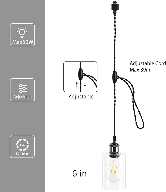 H Type Track Lighting Pendants with Glass, Cord Adjustable H Track Pendant Lights Fixtures with E26 Socket, Retro Vintage Style, Max Length 39.37in, Black 4 Pack (No Bulbs)