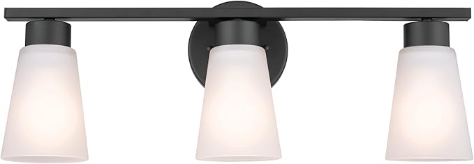 Kichler Stamos 3-Light Bathroom Vanity Light Fixture with Satin Etched Glass Shades, 22 in Modern Wall Light in Black for over Mirror (22 in x 5 in x 8 in), 52608BK