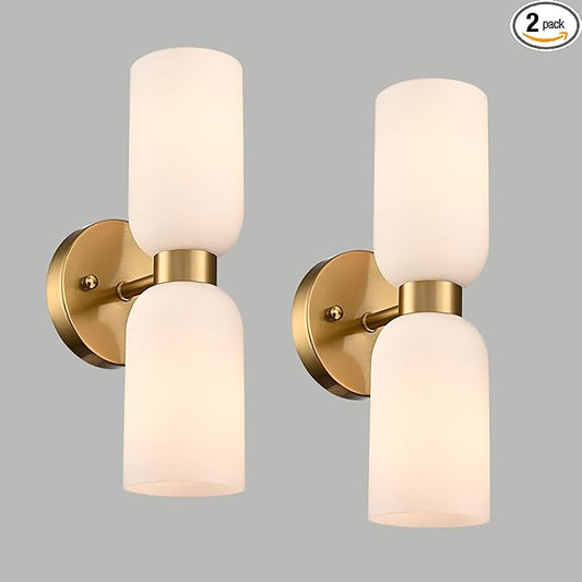 DANSEER Modern Gold Wall Sconce Set of Two, Wall Light with Milky White Glass Shades, Brushed Gold Finish for Bedroom or Vanity Light for Bathroom, Hardwired Installation