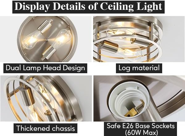 2-Light Round Flush Mount Ceiling Light, Farmhouse Brushed Nickel Metal Cage Close to Ceiling Light Fixture, 11inch E26 Base Semi Ceiling Mount Lamp, Modern Pendant Lighting for Porch 2 Pack