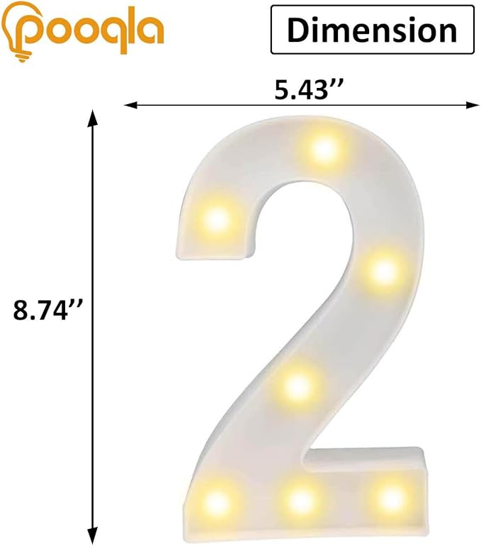 Pooqla Decorative Led Light Up Number Letters, White Plastic Marquee Number Lights Sign Party Wedding Decor Battery Operated Number (2)