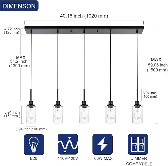 TODOLUZ 5-Lights Pendant Light Fixtures, Kitchen Island Lighting with Adjustable Cord, Hanging Ceiling Lamp Seeded Glass for Dining Room Pool Table