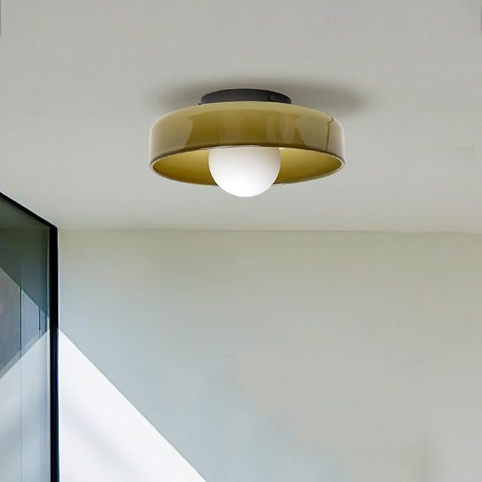 Mid Century Orange Glass Semi Flush Mount Ceiling Light with Milk Globe Nordic Modern Green Hallway Lighting Fixtures Round Bedside Wall Mount Lamp for Bedroom Cloakroom Stairway