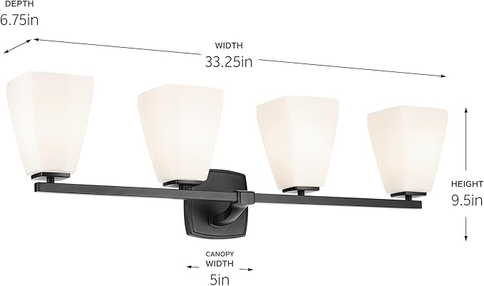 Kichler Marant 33.25" 4-Light Bathroom Vanity Light Fixture with Opal Glass in Black for Over Mirror, Modern Wall Mount Lighting for Powder Room (33.25" W x 9.5" H), 55217BK