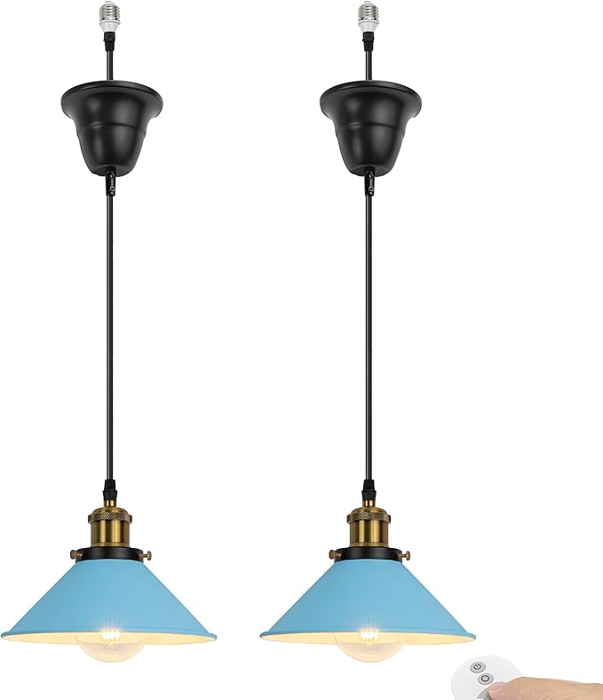 2 Pcs Ceiling Light Conversion Dimmable Pendant E26 Base Connections Metal Blue Cone Shade Industrial Style Adjusted 3.2ft Wire Conversion Kit for E26 Spot Light