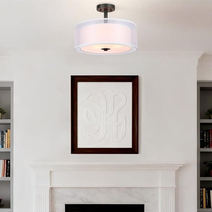 XiNBEi Lighting Semi Flush Mount Ceiling Light, 3 Light Drum Semi Flush Light, 16" Close to Ceiling Light with Fabric Shade in Dark Bronze for Living Room & Bedroom XB-SF1194-DB