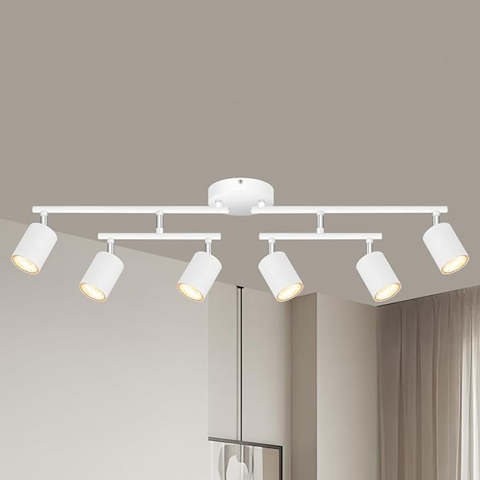 AUQUEE 6 Light Track Lighting Fixtures Ceiling, Matte White Kichen Track Lighting Fixtures with Rotatable Light Heads, Upgrade Light Poles, Modern LED Spot Lights for Kitchen/Hallway, No GU10 Bulb
