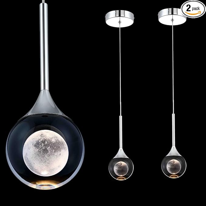 Sedelan Moon Crystal Pendant Light，Modern 2 Pack Pendant Lights Kitchen Island, Dimmable 3000K Dining Room Light Fixture, Pendant Lighting for Bedroom, Bar, Living Room,5W Chrome Adjustable Height