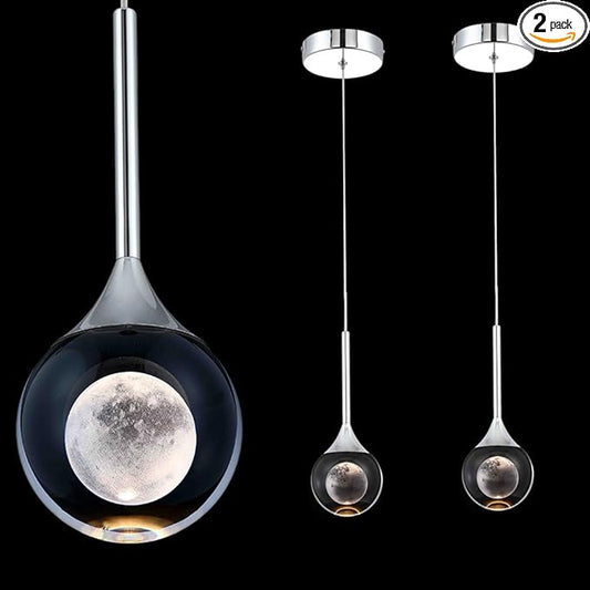 Sedelan Moon Crystal Pendant Light，Modern 2 Pack Pendant Lights Kitchen Island, Dimmable 3000K Dining Room Light Fixture, Pendant Lighting for Bedroom, Bar, Living Room,5W Chrome Adjustable Height