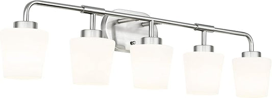 Bathroom Light Fixtures Over Mirror, 5-Light Brushed Nickel Vanity Lighting Fixtures with Milk White Glass, 38inch Farmhouse Wall Sconces Lighting, AD-22004-5W-SN