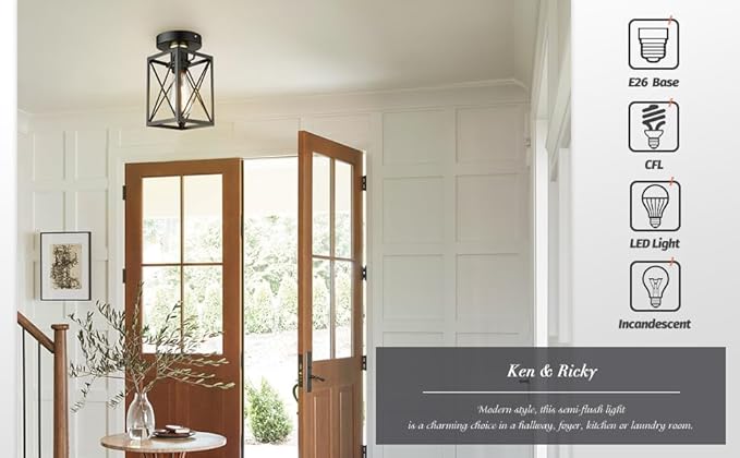 Ken & Ricky Kitchen Over Sink Light,Flush Mount Ceiling Light Fixtures,Single Bulb,Ceiling Mount for Kitchen Above Sink, Hallway Laundry Room Entryway,Farmhouse Industrial Style