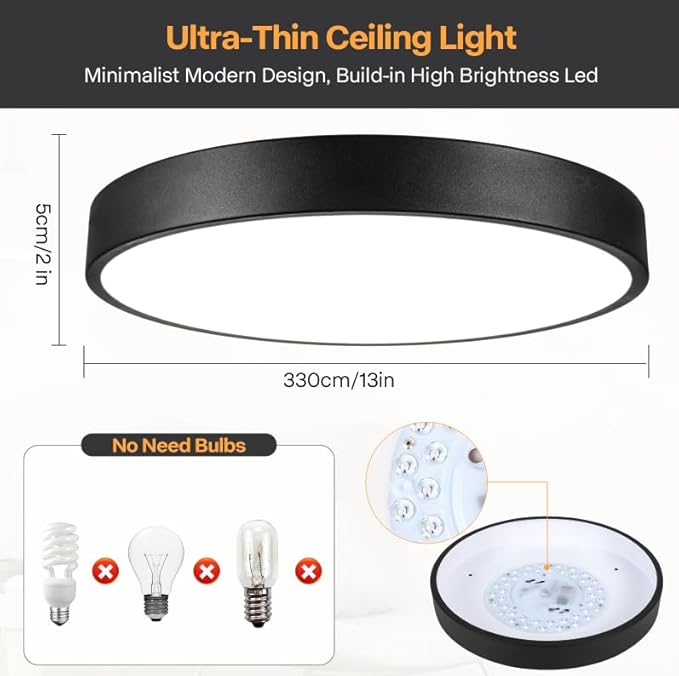 13inch Black Minimalist LED Flush Mount Ceiling Light, Black Matted Fixture, Dimmable Ceiling Lamp with Acrylic Pieces Shade, 26W, 3000K, ETL Listed for Entryway, Bathroom, Bedroom