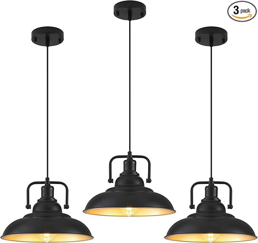 Black and Gold Pendant Light 12.5 inches 3 Packs, Farmhouse Pendant Light, Island Pendant Lights, Kitchen Island Pendant Lights, Pendant Lights Kitchen Island for Bedroom, Kitchen, Island