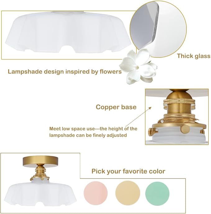 9.4in Vintage Brass Gold Semi Flush Mount Ceiling Light with Milk White Glass Shade, Farmhouse Antique Ceiling Lighting Fixture for Hallway Closet Small Room Kitchen Entryway Porch, Bulb Not Included