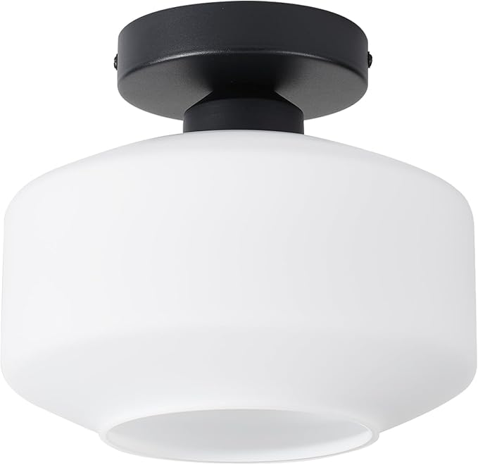 TeHenoo Milk White Glass Ceiling Light Fixture,8.6 inch, Matte Black Base,Modern Semi Flush Mount Light for Hallway, Entryway,Kitchen