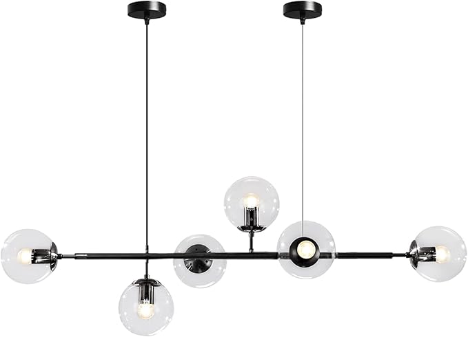 BOKT 6-Light Clear Glass Globe Pendant Light Mid Century Modern Rectangular Sputnik Chandelier Vintage Black Linear Kitchen Island Dining Pendant Lighting Fixture