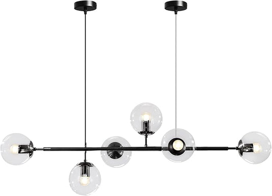 BOKT 6-Light Clear Glass Globe Pendant Light Mid Century Modern Rectangular Sputnik Chandelier Vintage Black Linear Kitchen Island Dining Pendant Lighting Fixture