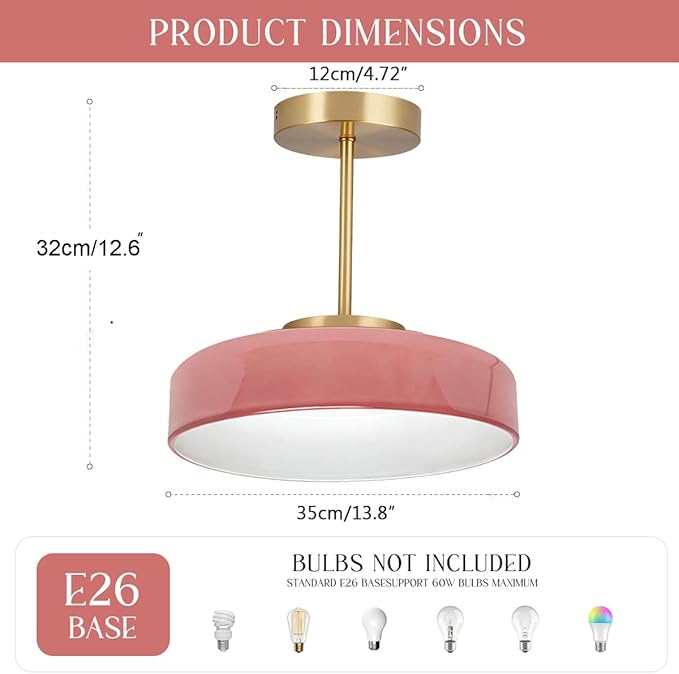 Pink Light Fixture Mid Century Modern Semi Flush Mount Ceiling Light 13.8 Inch Round Dome Glass Shade Brushed Gold Brass Close to Ceiling Lights Hallway Bedroom Overhead Lighting