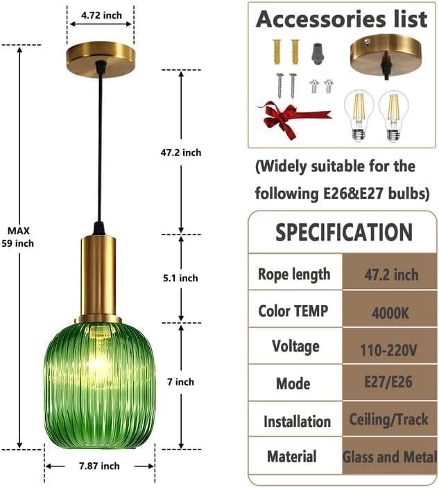 Stunning Green Striped Glass Pendant Light Fixture, 7.87", Bonus 2 A60 Bulbs Included, 2-Pack with Flexible Cords – Enchanting Addition to Kitchen Island, Bedroom Décor