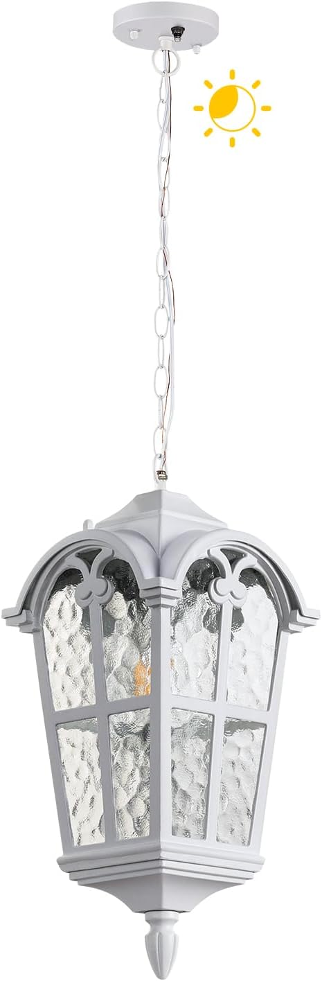 Dusk to Dawn Outdoor Pendant Light for Porch Patio Garden Yard, Anti-Rust Aluminium Exterior Hanging Light Fixtures, Outside White Hanging Ceiling Light, Height Adjustable Outdoor Pendant Lamp