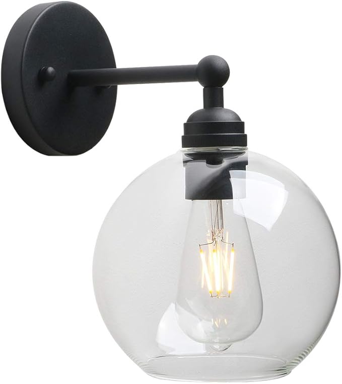 Yosoan Brass Boho Vanity Bathroom Wall Sconce, 1-Light Indoor Hardwired Wall Mounted Vintage Industrial Fixture Lights with Double Hole Round Glass Lamp for Mirror, Living Room, Hallway(Black)