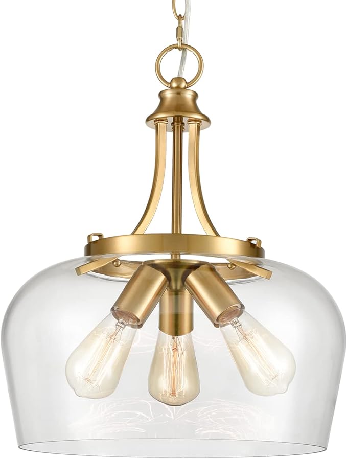 Modern Gold Pendant Lights Mid Century 3-Light Clear Glass Pendant Lighting with Adjustable Chain Hardwired Brass Glass Chandelier for Kitchen Island Dining Room