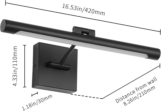 Joosenhouse LED Picture Light Fixtures 16.53" Inches Long Modern Black Wall Lamps with Rotatable Lighting Tube Picture Frame Lights for Paintings 7W(50W Eqv.) Hardwired Connection 3000K