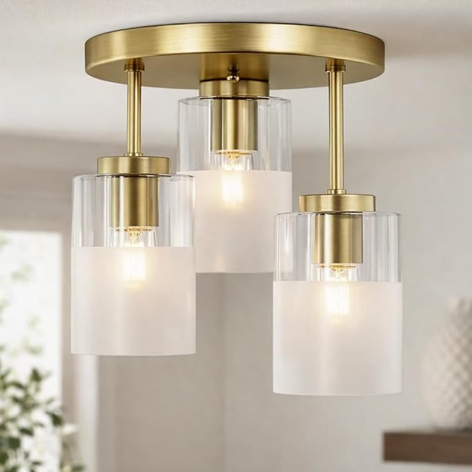 Maxax 3-Lights Brass Semi Flush Mount Ceiling Light Fixture, 11.5" Modern Farmhouse Light Fixture with Clear Frosted Glass, E26 Base, for Kitchen, Foyer, Hallway, Entryway, Bedroom, Stairs