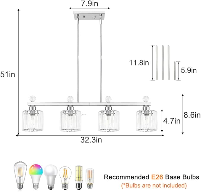 Lxybcce 32" Crystal Island Light for Kitchen Over Table, 4-Light Chrome Linear Pendant Light for Dining Room, Modern Ceiling Hanging Chandelier with Adjustable Height & Clear Crystal Shades, E26 Base