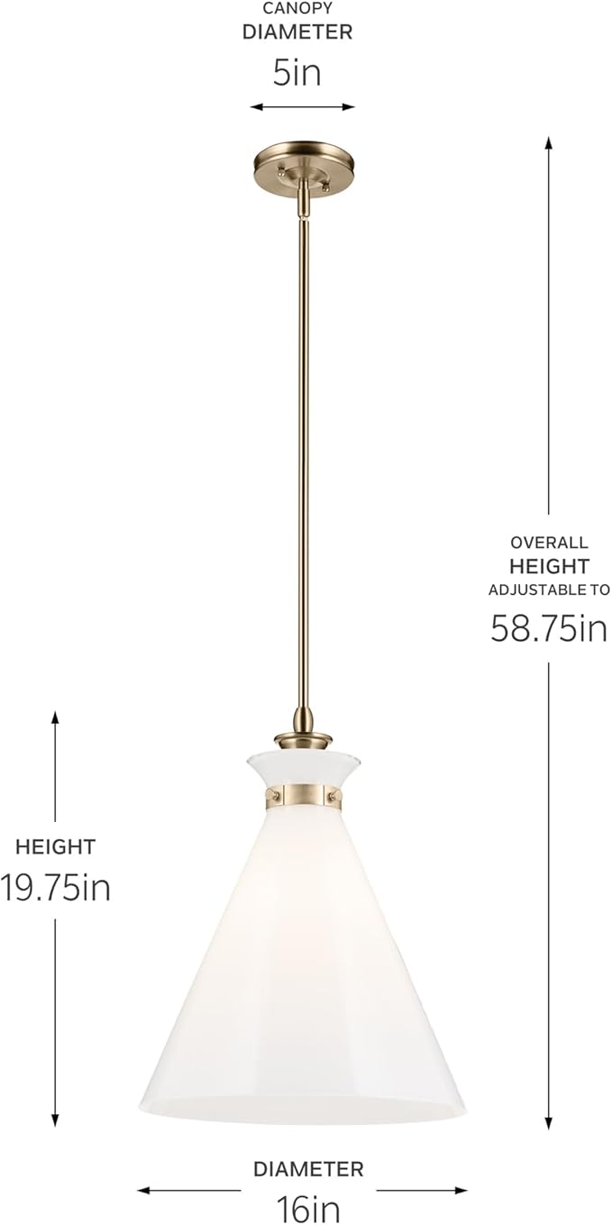 Kichler Laria 1-Light Pendant, Updated Traditional Light, Sloped Ceiling Compatible, for Kitchen with Opal Glass in Champagne Bronze (19.75" x 16"), 52775CPZ