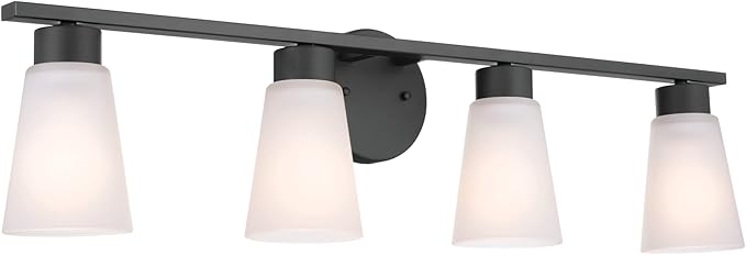 Kichler Stamos 4-Light Bathroom Vanity Light Fixture with Satin Etched Glass Shades, 26 in Modern Wall Light in Black for over Mirror (26 in x 8 in x 5 in), 52608BK