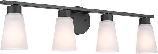 Kichler Stamos 4-Light Bathroom Vanity Light Fixture with Satin Etched Glass Shades, 26 in Modern Wall Light in Black for over Mirror (26 in x 8 in x 5 in), 52608BK