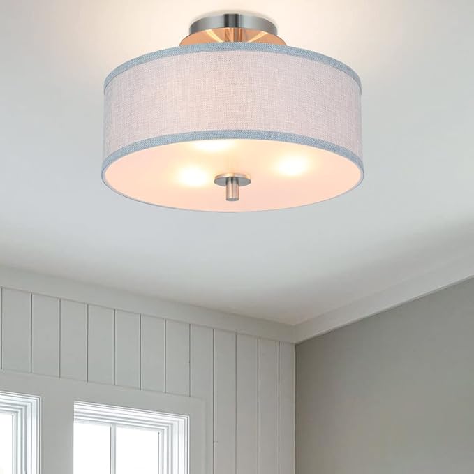XiNBEi Lighting Semi Flush Mount Ceiling Light, 14" Drum Light Fixture with Grey Fabric Shade, 3-Light Brushed Nickel Ceiling Lamp for Bedroom Living Room Kitchen Hallway