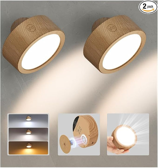 EZVALO LED Wall Mounted Light, 3000mAh Rechargeable Cordless Wall Sconce, Dimmable with Remote & Touch Control, 3 Color Temps, 360° Rotatable for Bedroom, Bedside, Reading(Wood, 2Pack)