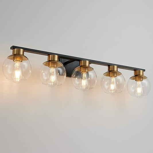 PAZALA Black Gold Bathroom Light Fixtures Over Mirror 5-Lights Vanity Light Wall Sconce with Globe Glass Shade, E26 Base, Perfect for Hallway Picture Wall Lighting Bathroom Bedroom Mirror Living Room
