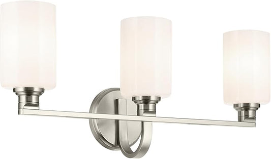 Kichler Gioe 24.25 in 3-Light Bathroom Vanity Light Fixture with Opal Glass in Brushed Nickel, Damp Rated Modern Wall Mount for Mirror, Powder Room (24.25 in W x 10.5 in H), 55226NI