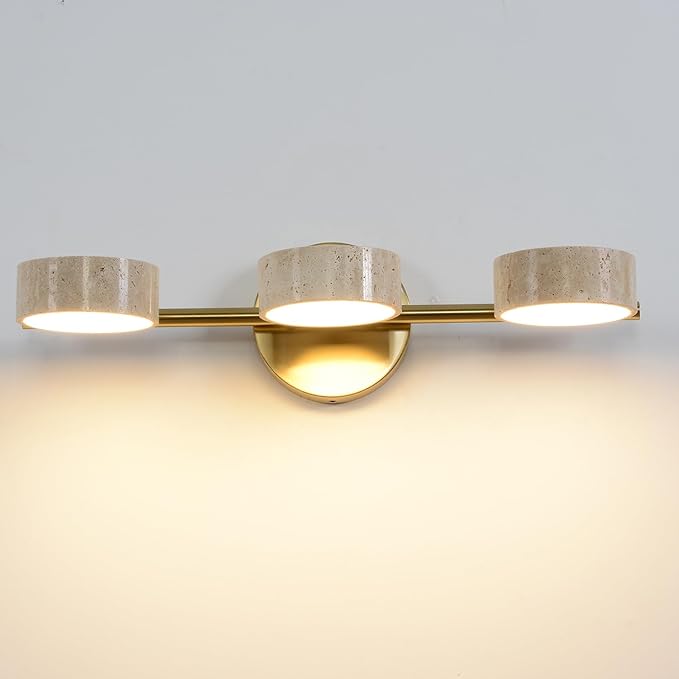 LED Mirror Light with 3 Travertine Stone Shades, Bathroom Vanity Wall Sconce, 360° Rotatable Stone Lampshades, Modern Rustic Wall Lamp for Bedroom, Living Room, Hallway (Gold-Metal)