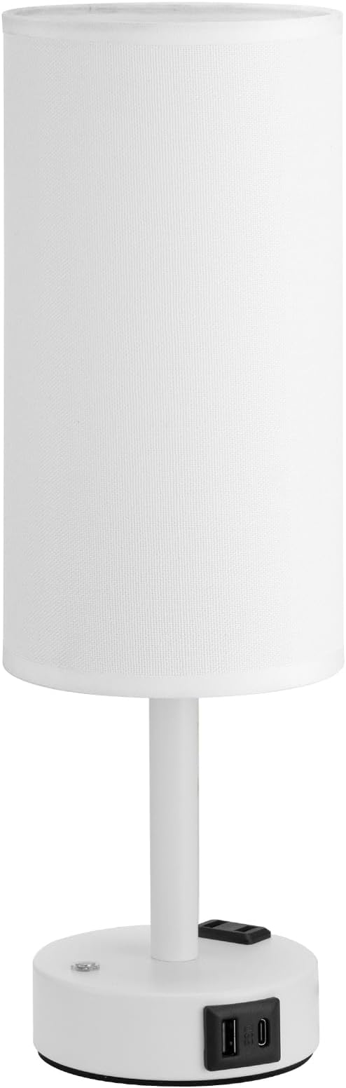 Touch Bedside Table Lamp with Memory - Stepless Dimmable Lamp for Bedroom, Small Nightstand Lamp with Dual USB Charging Ports and AC Outlet, Wood Night Light, Deak Lamp for Nursery (White & White)
