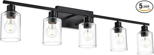 VINLUZ Bathroom Lighting Fixtures Over Mirror Matte Black,5-Lights Farmhouse Vanity Lights Wall Mount Light Fixture for Porch Workshop