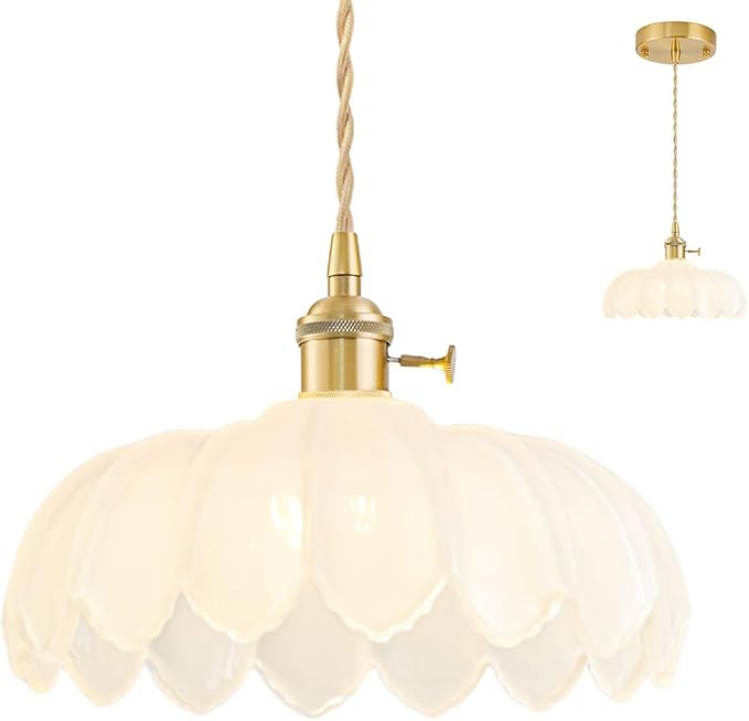 Glass Pendant Lights Kitchen Island, Vintage Brass Pendant Light Fixtures, Adjustable Milk White Kitchen Pendant Lighting Over Island for Bedroom Living Room Hallway Dining Room