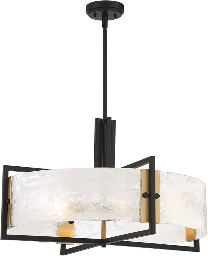 Savoy House 7-1696-5-143 Hayward Modern Strie Piastra Glass Drum Pendant, 5-Light 300 Total Watts, 17" H x 28" W, Matte Black & Warm Brass