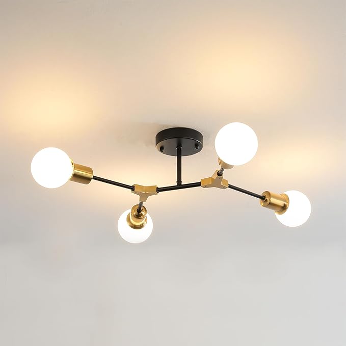 Mid Century Gold and Black Semi Flush Mount Ceiling Light,Modern 4 Light Fixture for Kitchen Dining Room Bedroom Lighting,Foyer Entryway Hallway Sputnik Chandelier