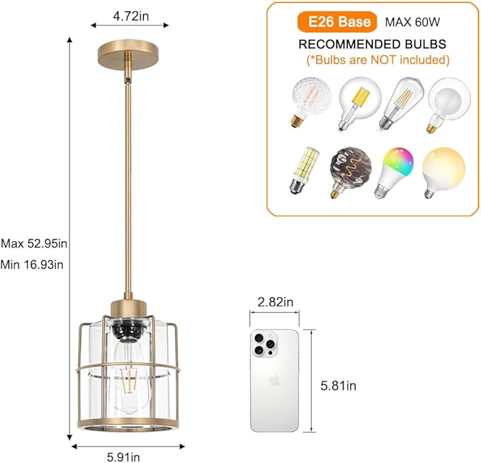 Modern Brass Pendant Light Kitchen Island Set of 2, Farmhouse Gold Pendant Light with Clear Cylinder Glass, Adjustable Rod Bathroom Pandand Light over Sink, Small Hanging Lighting for Home Decor, E26