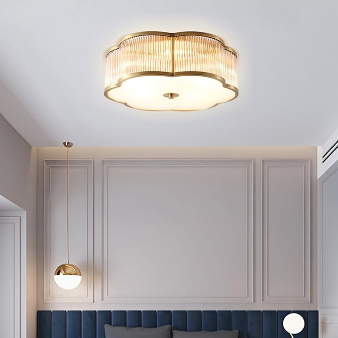 Flower Shaped Ribbed Glass Ceiling Light,Antique Brass Bedroom Flush Mount Light Fixture,Dimmable Led Overhead Fixture,Mid Century Modern Ceiling Lamp for Living Room Study Room