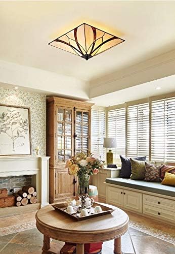 DIRYZON EUL Tiffany Style Mission Semi Flush Ceiling Light Antique Brass and Art Colorful Glass Shade 3 Lights