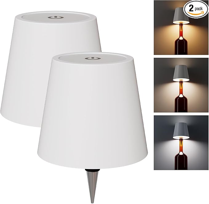 2 Pack Wireless Bottle Lamp, Wireless Bottle Lamp Shade with 3 Color Temperature, Rechargeable Stepless Dimming LED Wine Bottle Lights for Any Bottle, Desk Lamp for Bedroom Restaurant Bar - White