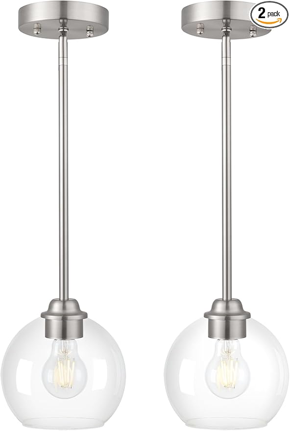 Modern Pendant Light Fixtures 2 Pack, Brushed Nickel Pendant Lights with Clear Glass Shade,Pendant Lights Kitchen Island, Kitchen Pendant Lighting Over Island, Hanging Lights for Kitchen