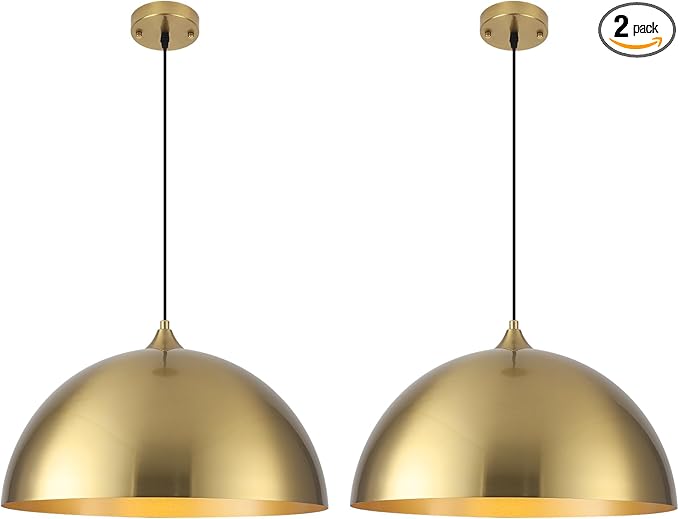 Gold Pendant Lights Kitchen Island, 16 Inch Large Pendant Light, Gold Dome Pendant Light, Industrial Farmhouse Pendant Lights for Kitchen Island, Dining Room, Cafe, Bar, 2 Pcs