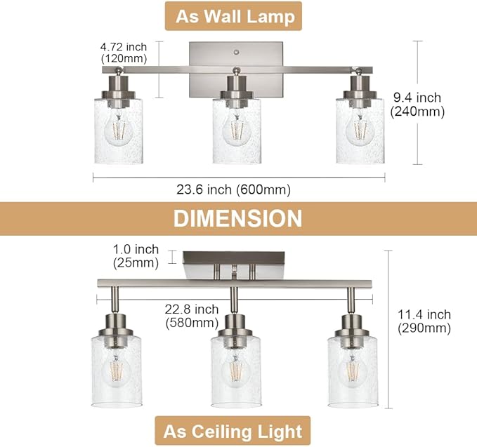 3-Light Rotatable Track Lighting Kit, Brushed Nickel Semi Flush Mount Ceiling Light Vanity Lighting Fixtures Spotlight, Seeded Glass Shades